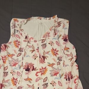 LOFT Cream Floral Sleeveless V-Neck Camisole with Pink & Orange Accents